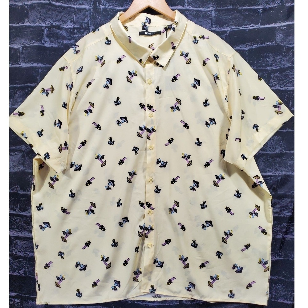 NovaMen Shrooming It Short Sleeve Woven Top Men 3XL Yellow Mushroom Print Casual
